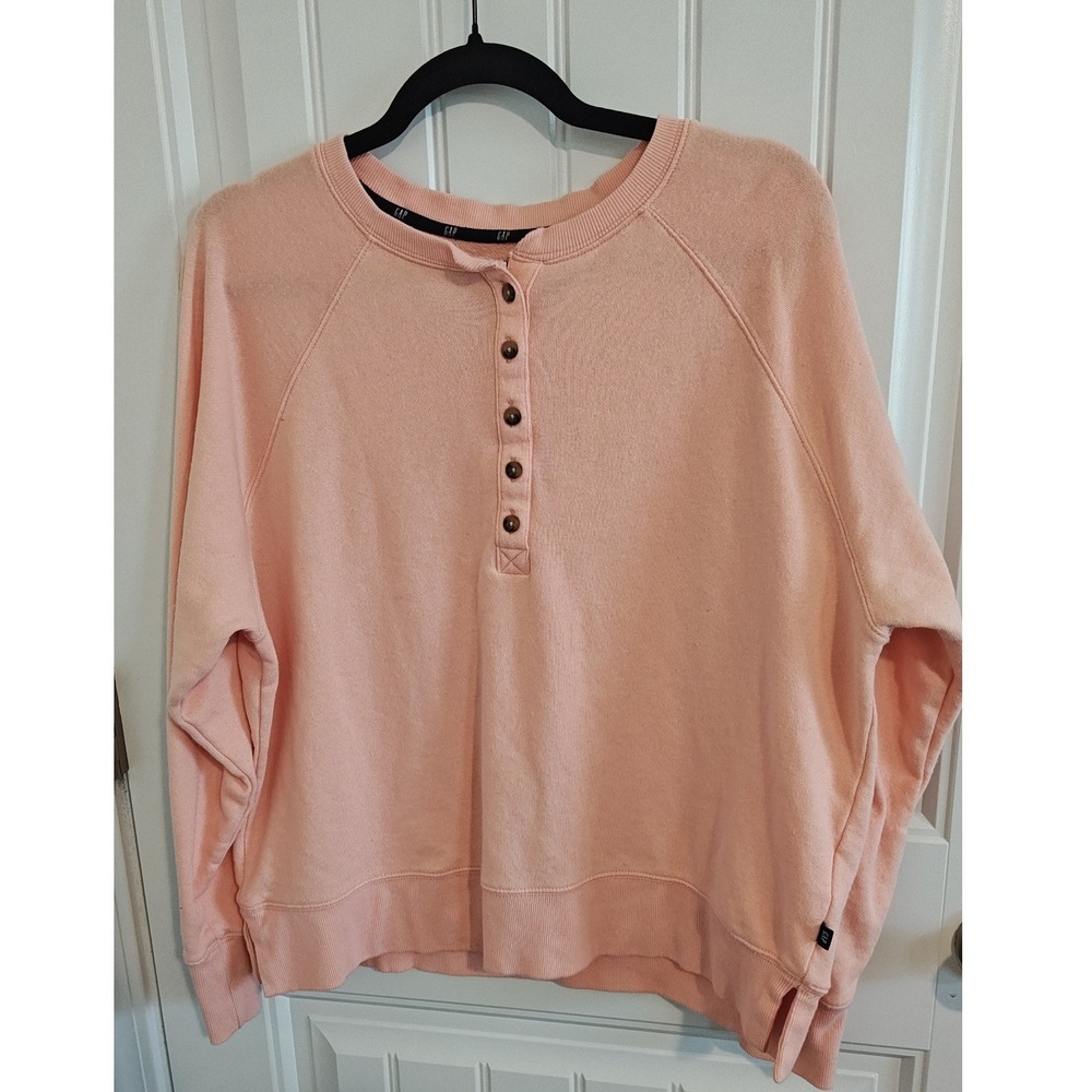 Gap Women Peach Pink Henley Sweatshirt Raglan Long Sleeve Pullover XL Cozy